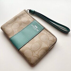 Coach Corner Zip Wristlet In Signature Canvas With Stripe light blue and beige